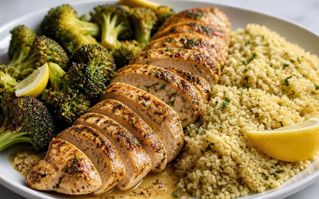 Finished dish: Air Fryer Lemon-Dijon Chicken with Roasted Broccoli and Herbed Couscous